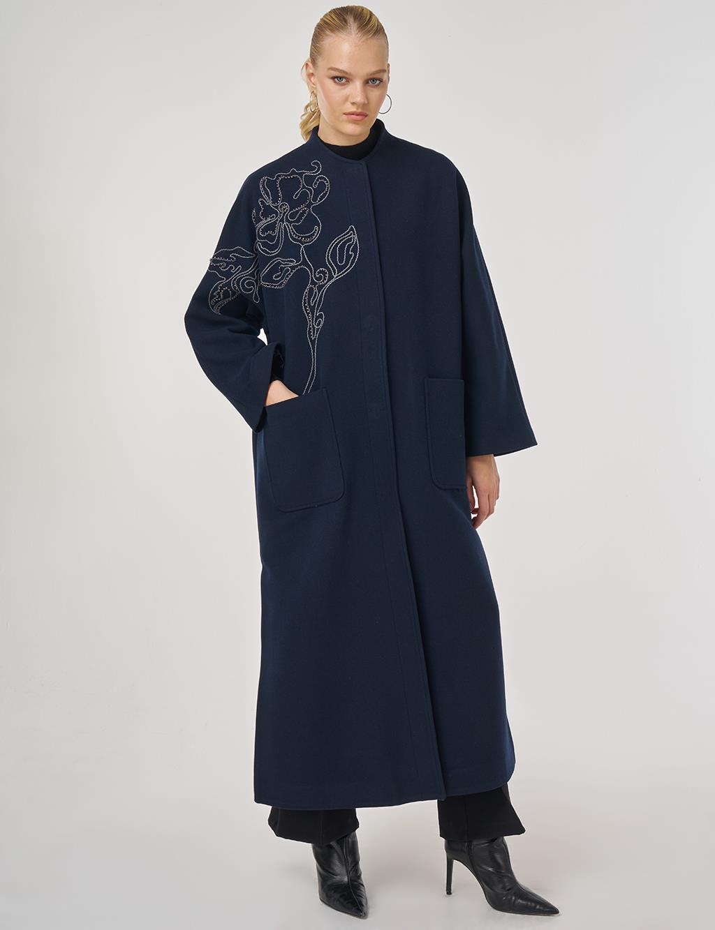 Embroidered Wool-Blend Coat in Dark Navy Blue