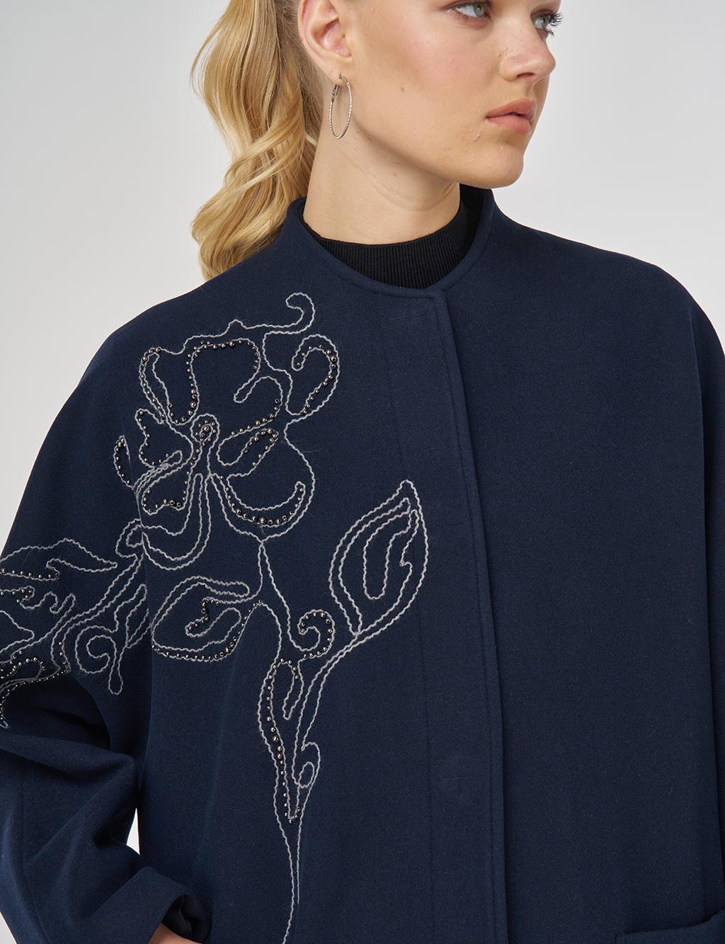 Embroidered Wool-Blend Coat in Dark Navy Blue