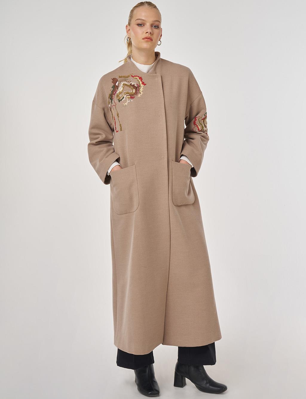Embroidered Wool Coat in Mink