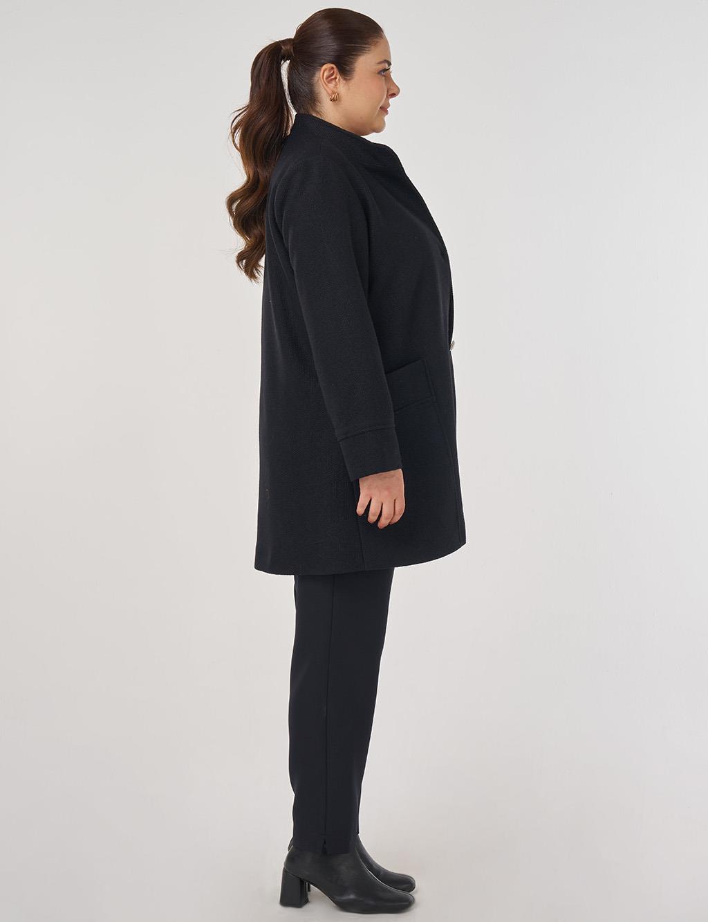 Shiny Button Felt Coat in Black