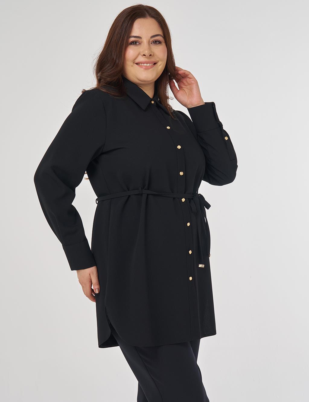 Shirt Collar Tunic with Rope Belt in Black