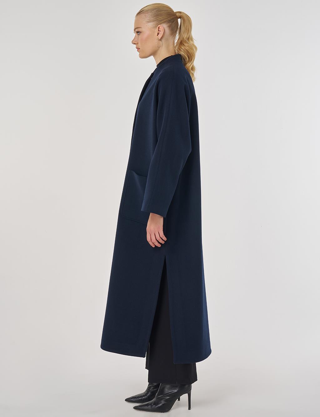 Embroidered Wool-Blend Coat in Dark Navy Blue