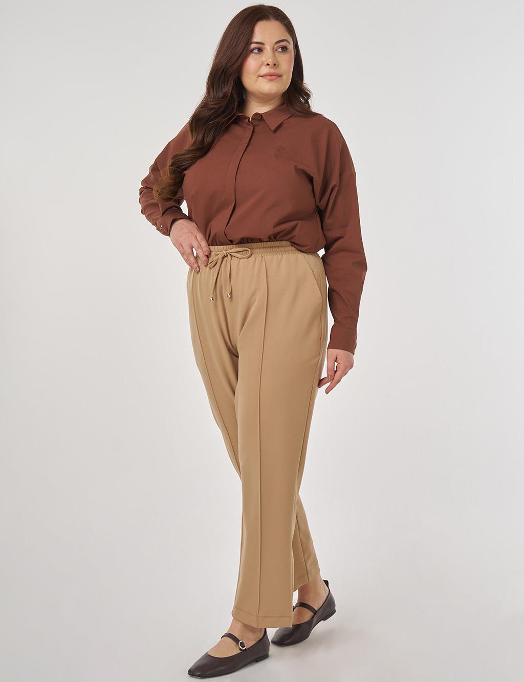 Topstitched Carrot Pants in Beige