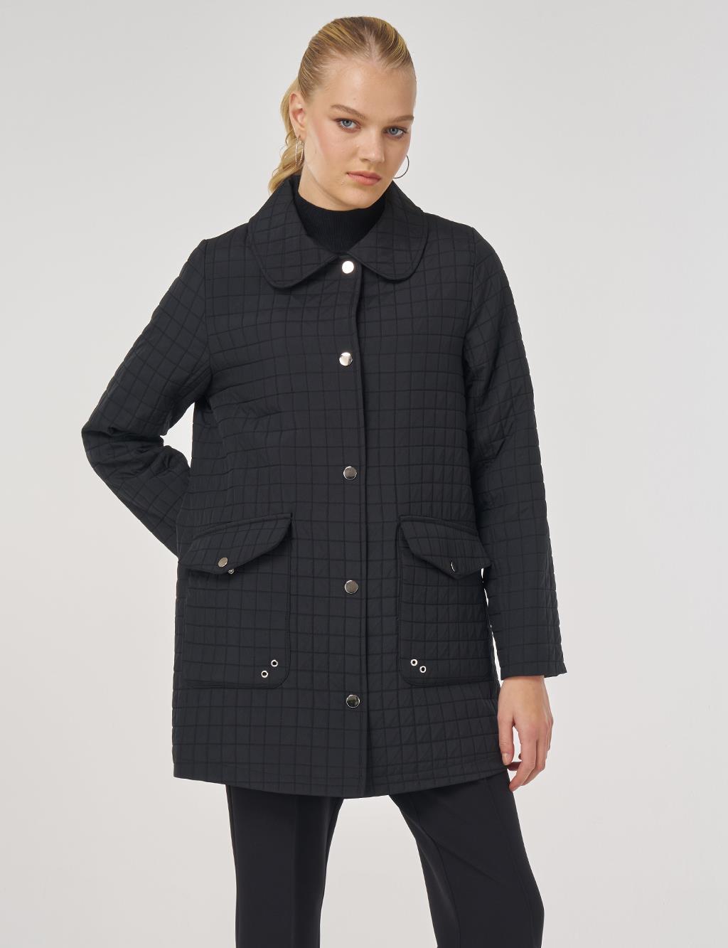 Geniş Yaka Kapitone Ceket Siyah