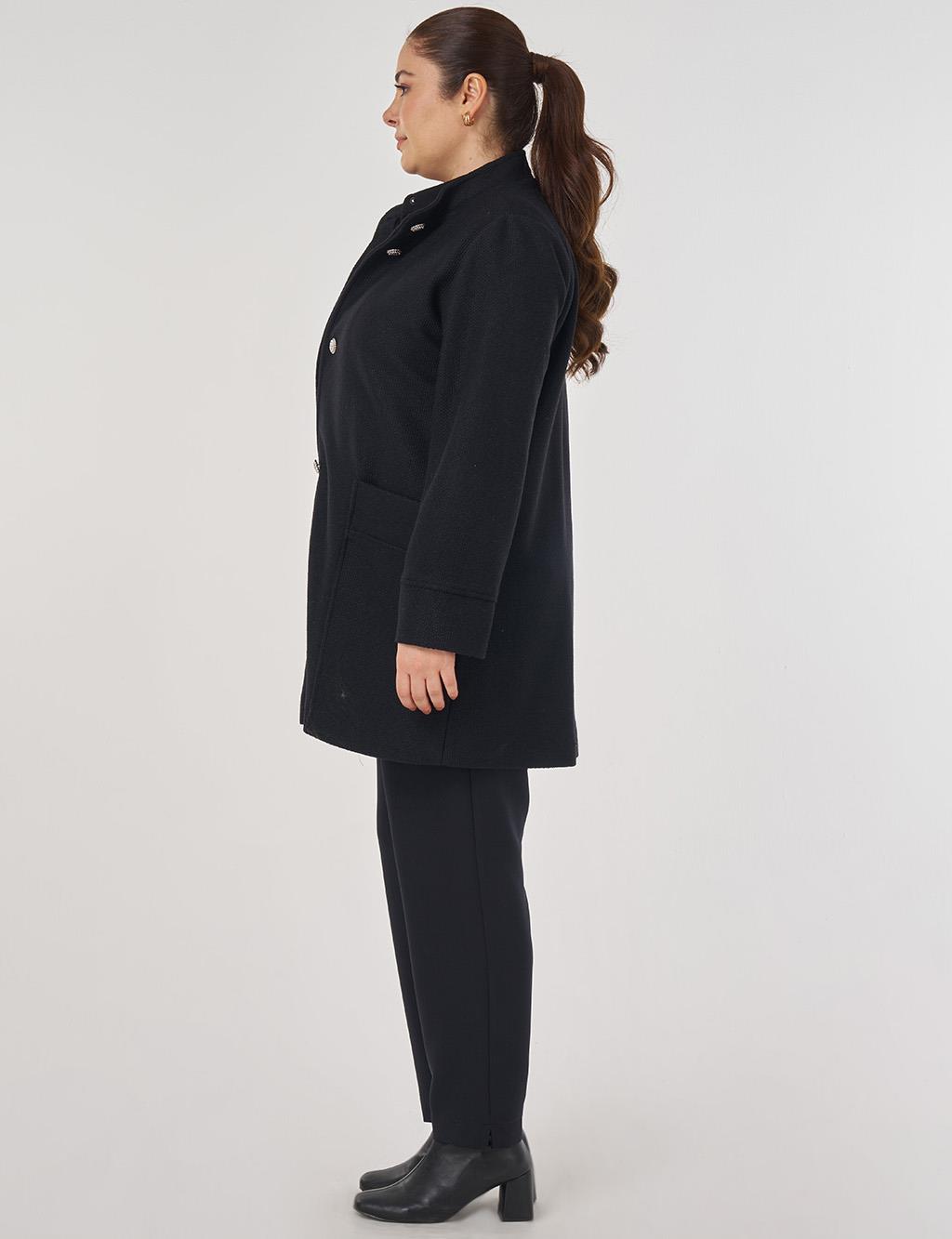 Shiny Button Felt Coat in Black