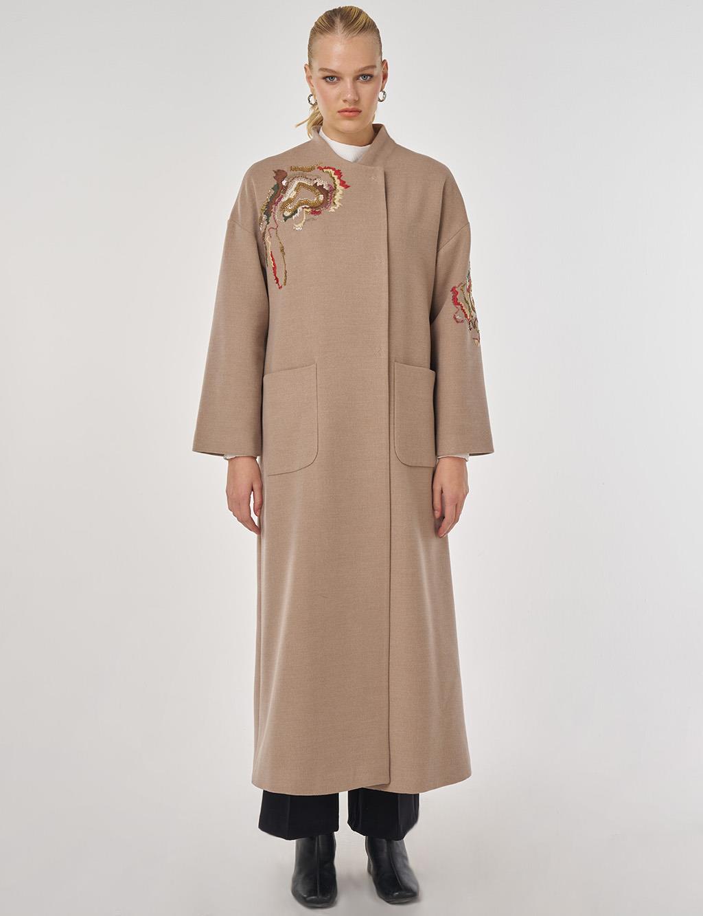 Embroidered Wool Coat in Mink
