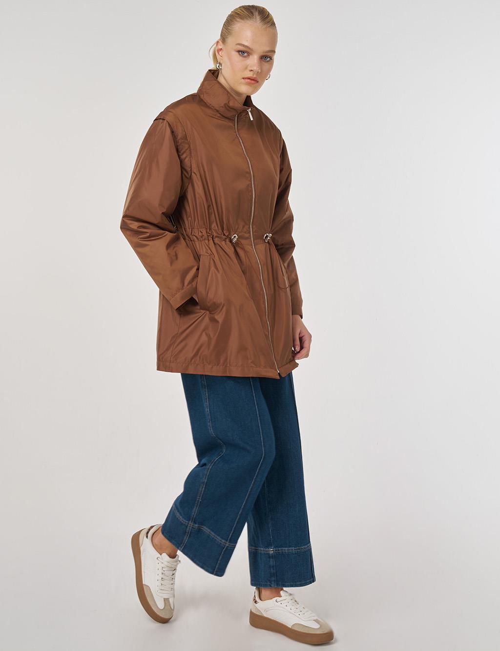 Bel Büzgülü Kısa Mont Açık Kahve