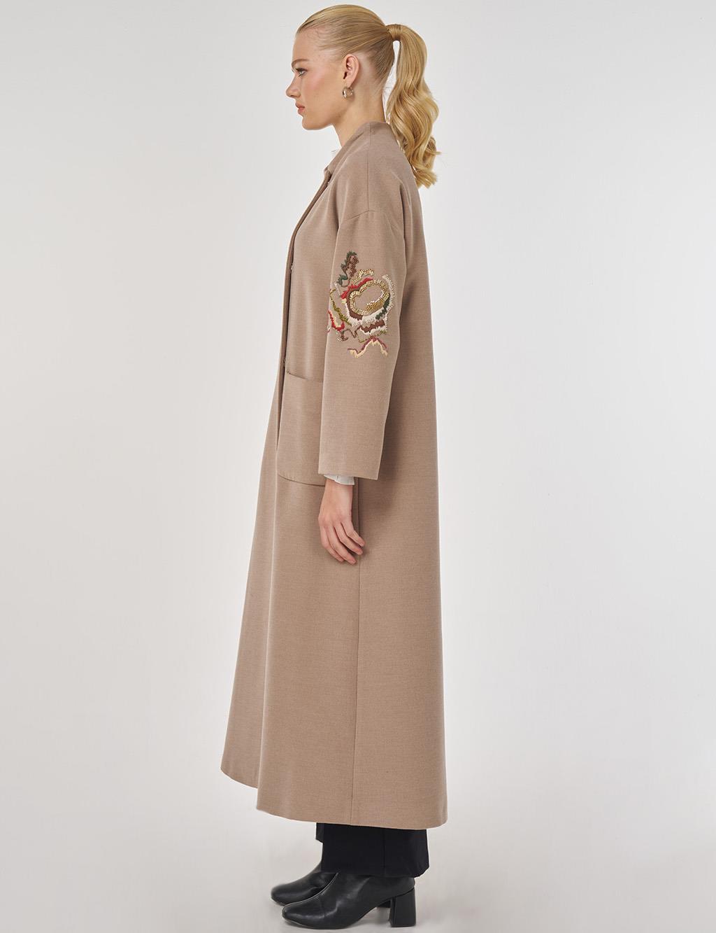 Embroidered Wool Coat in Mink