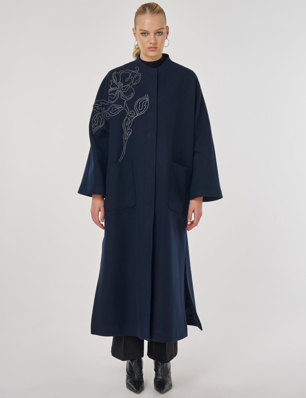 Embroidered Wool-Blend Coat in Dark Navy Blue