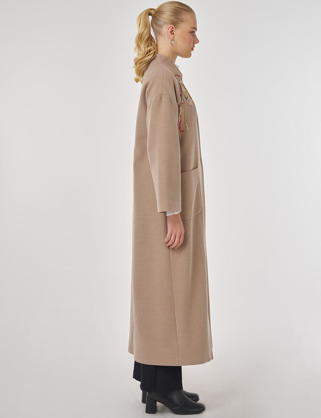 Embroidered Wool Coat in Mink