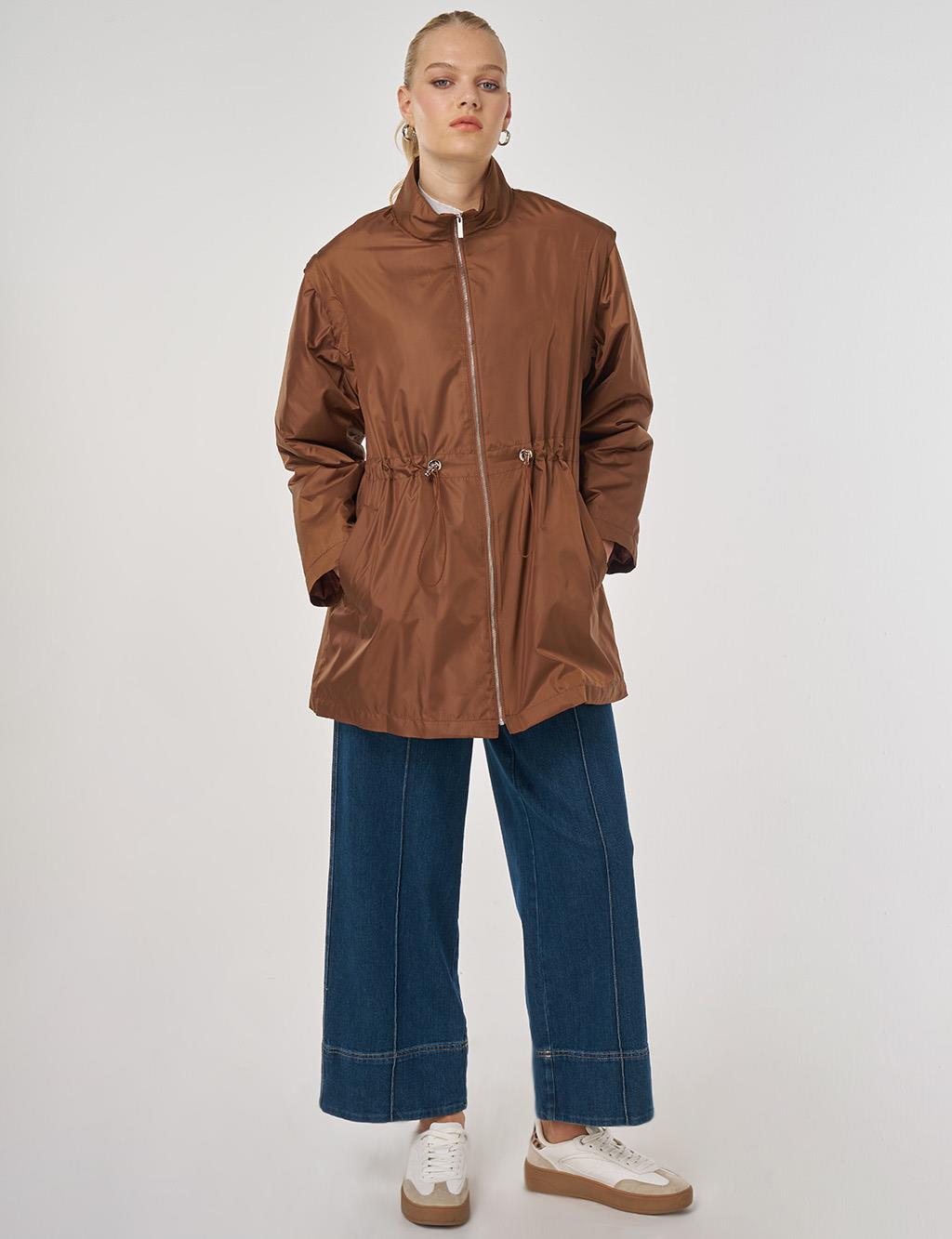 Bel Büzgülü Kısa Mont Açık Kahve