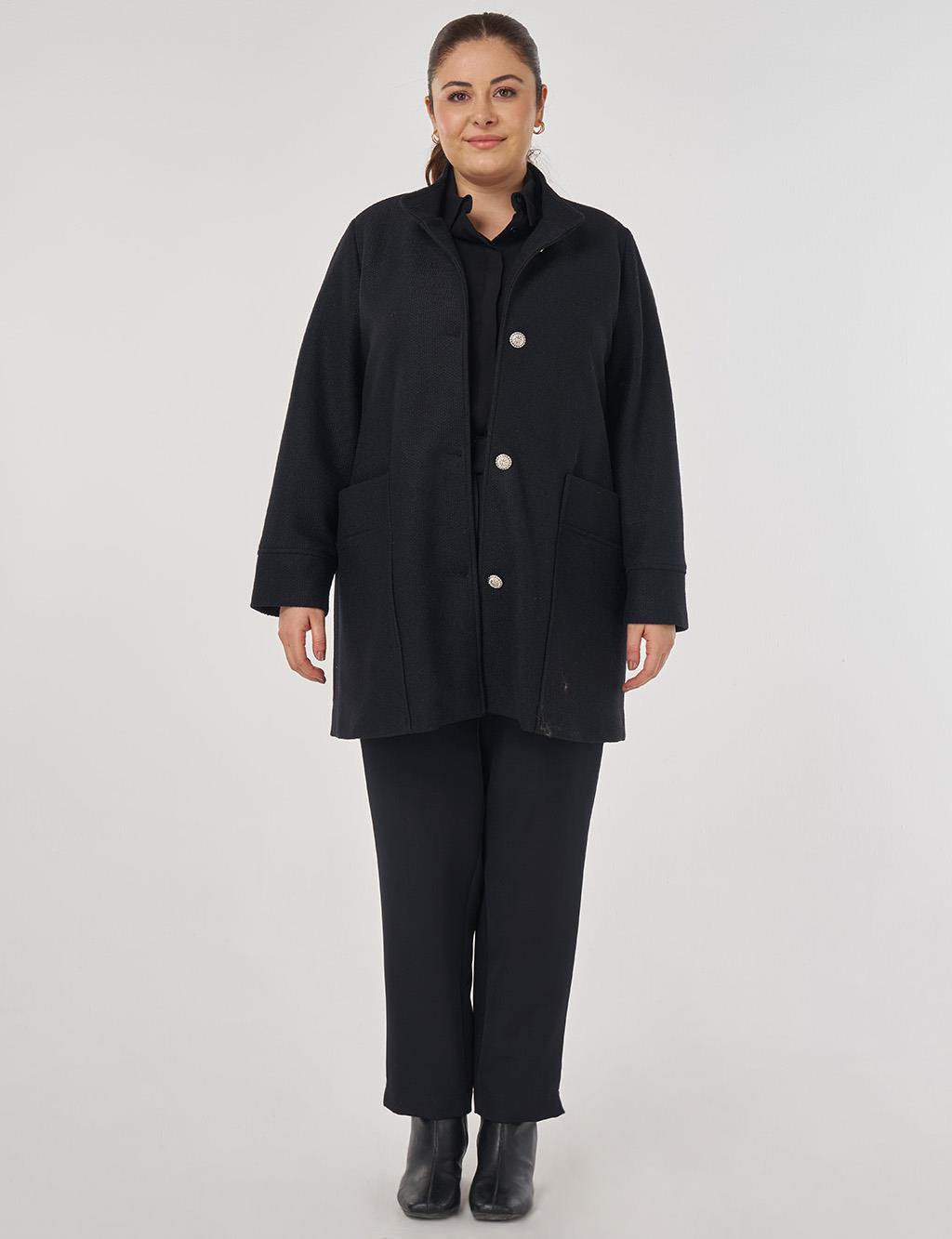 Shiny Button Felt Coat in Black