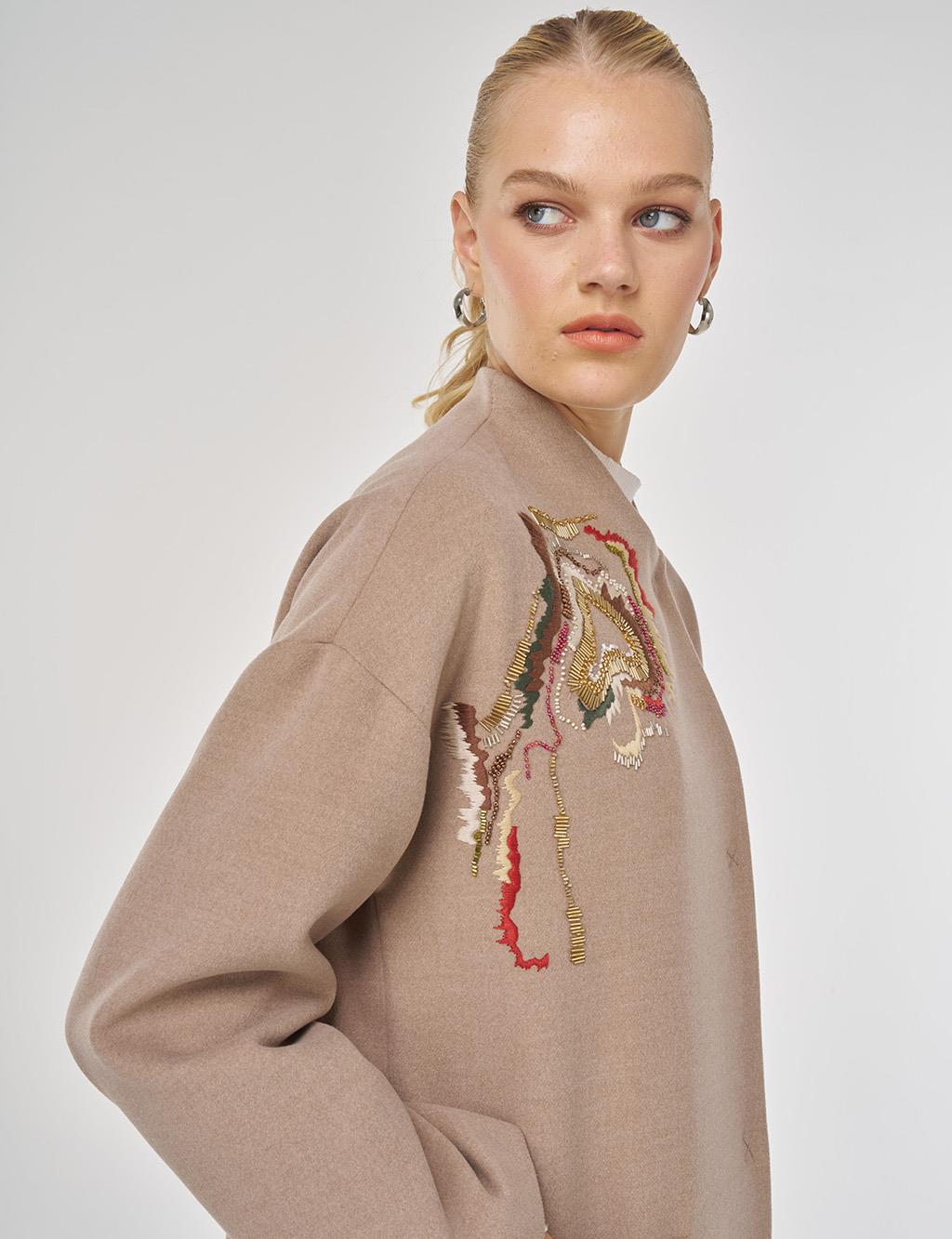 Embroidered Wool Coat in Mink