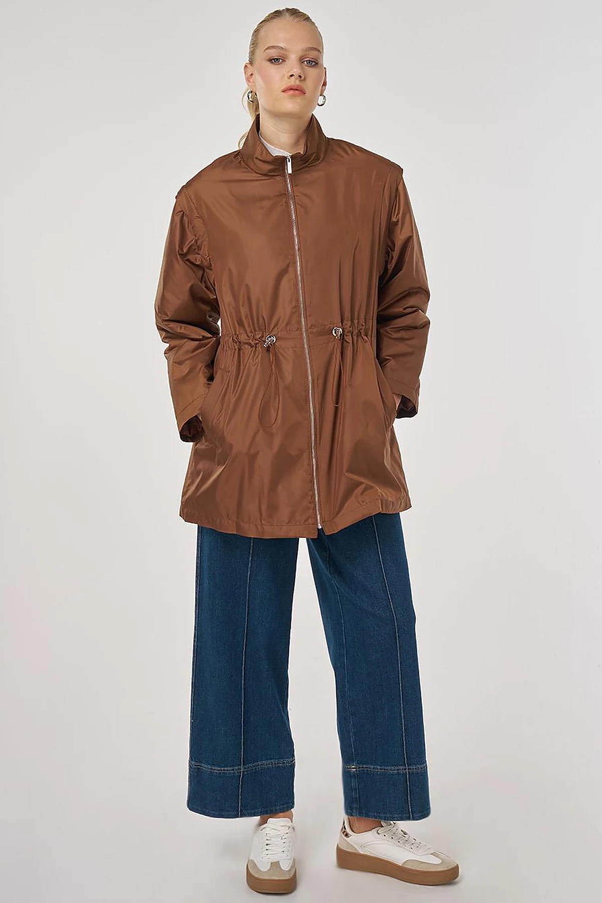 Short Jacket with Detachable Sleeve Detail in Light Brown