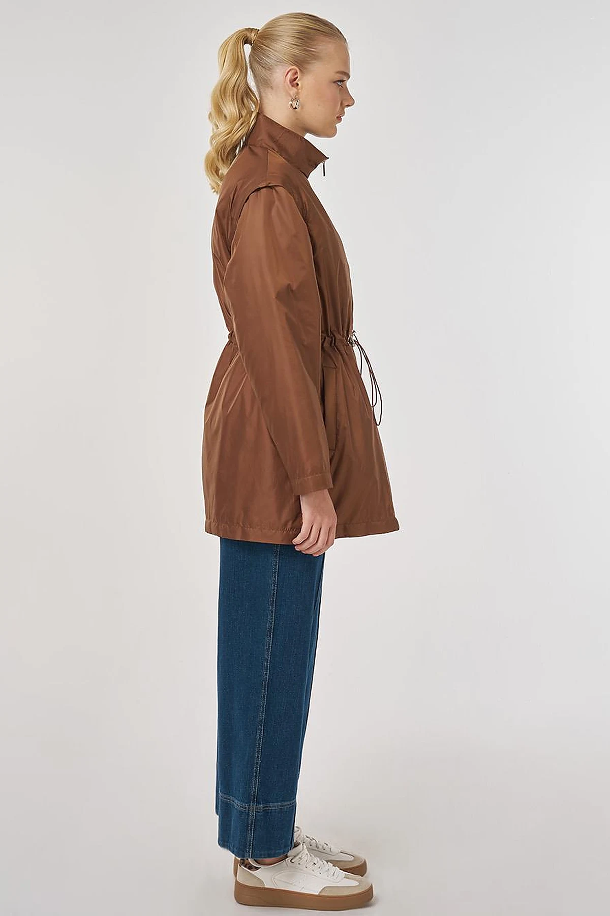 Short Jacket with Detachable Sleeve Detail in Light Brown