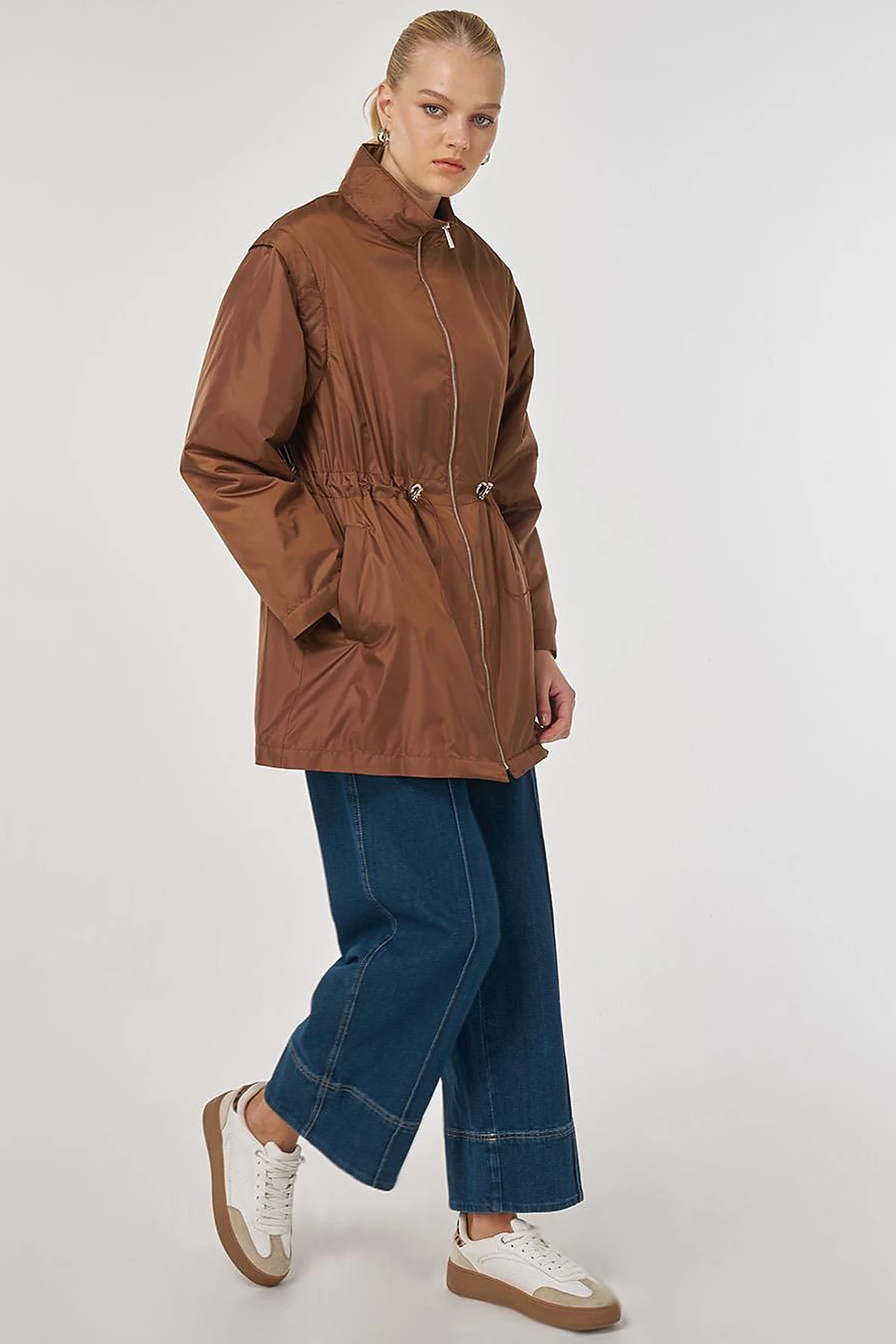 Short Jacket with Detachable Sleeve Detail in Light Brown