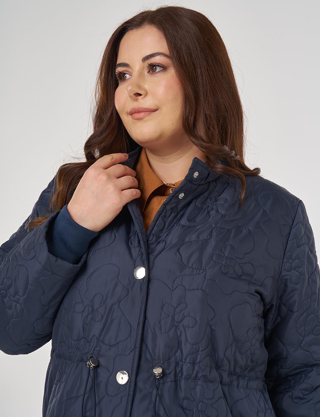 Drawstring Waist Quilted Jacket in Dark Navy Blue