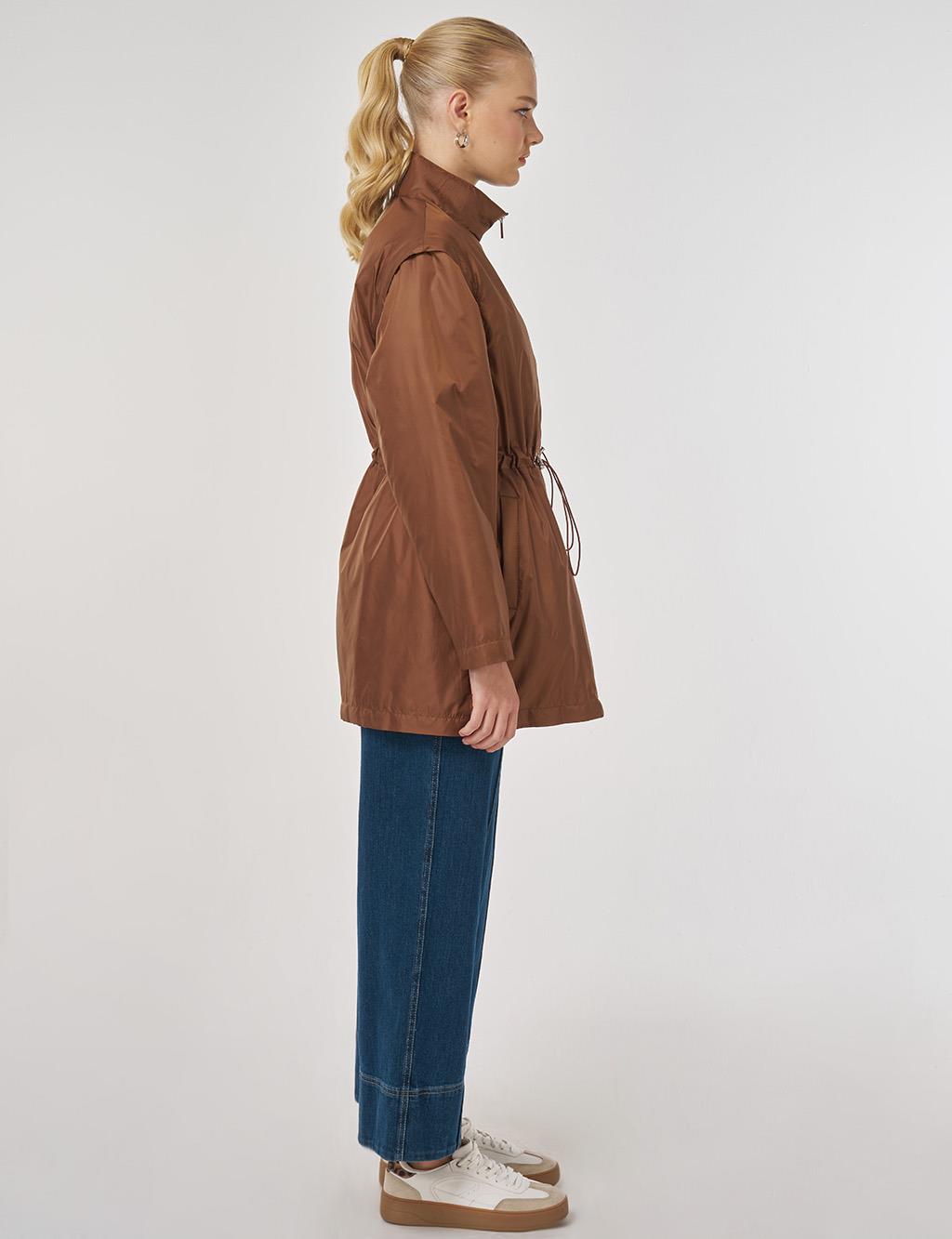 Bel Büzgülü Kısa Mont Açık Kahve