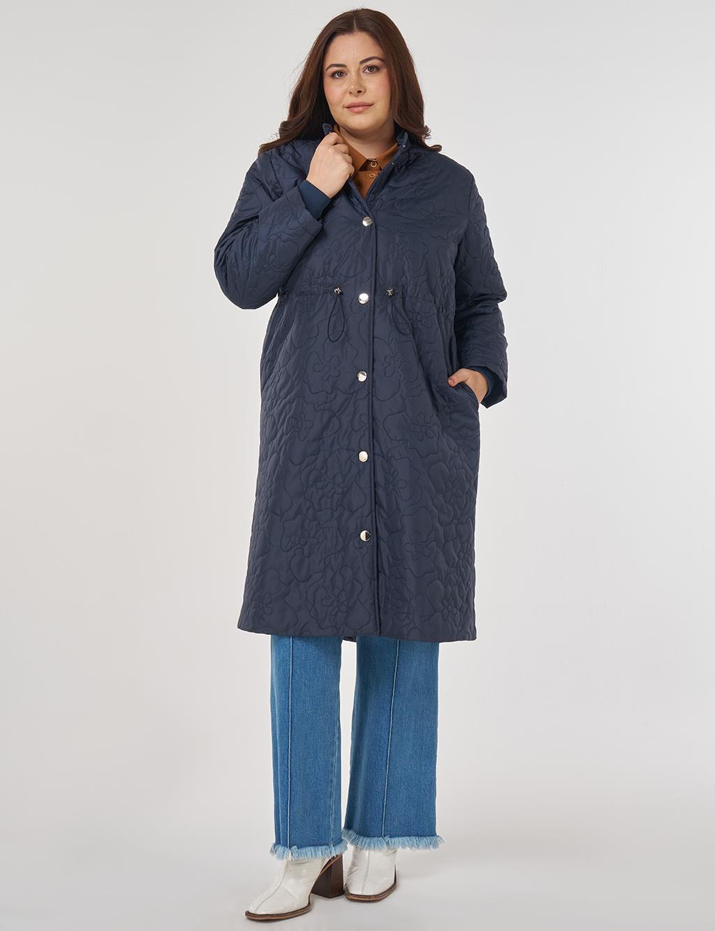 Drawstring Waist Quilted Jacket in Dark Navy Blue