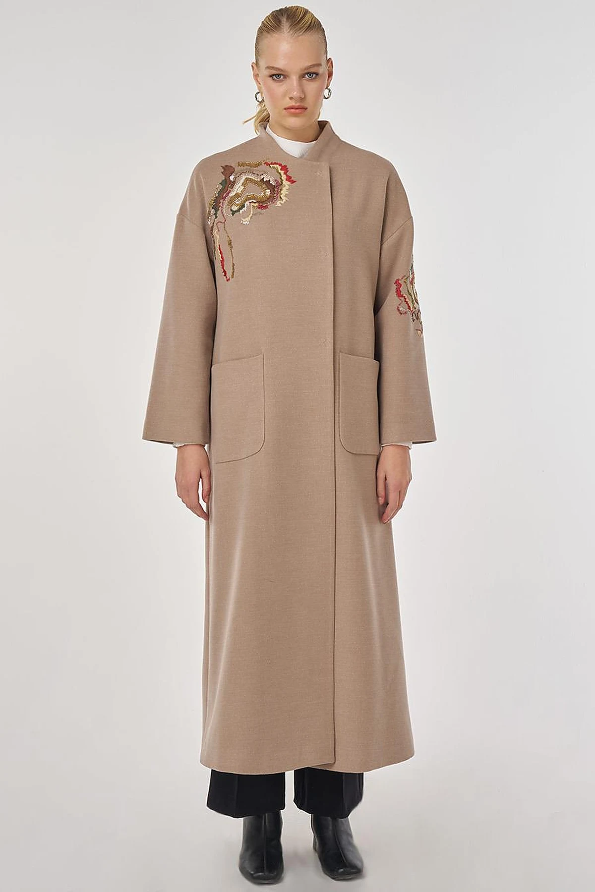 Embroidered Wool Coat in Mink