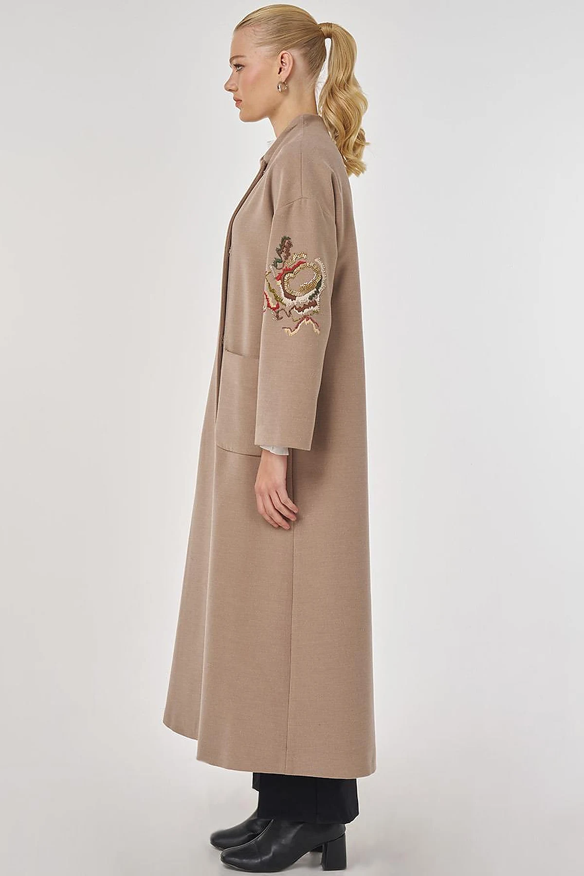 Embroidered Wool Coat in Mink