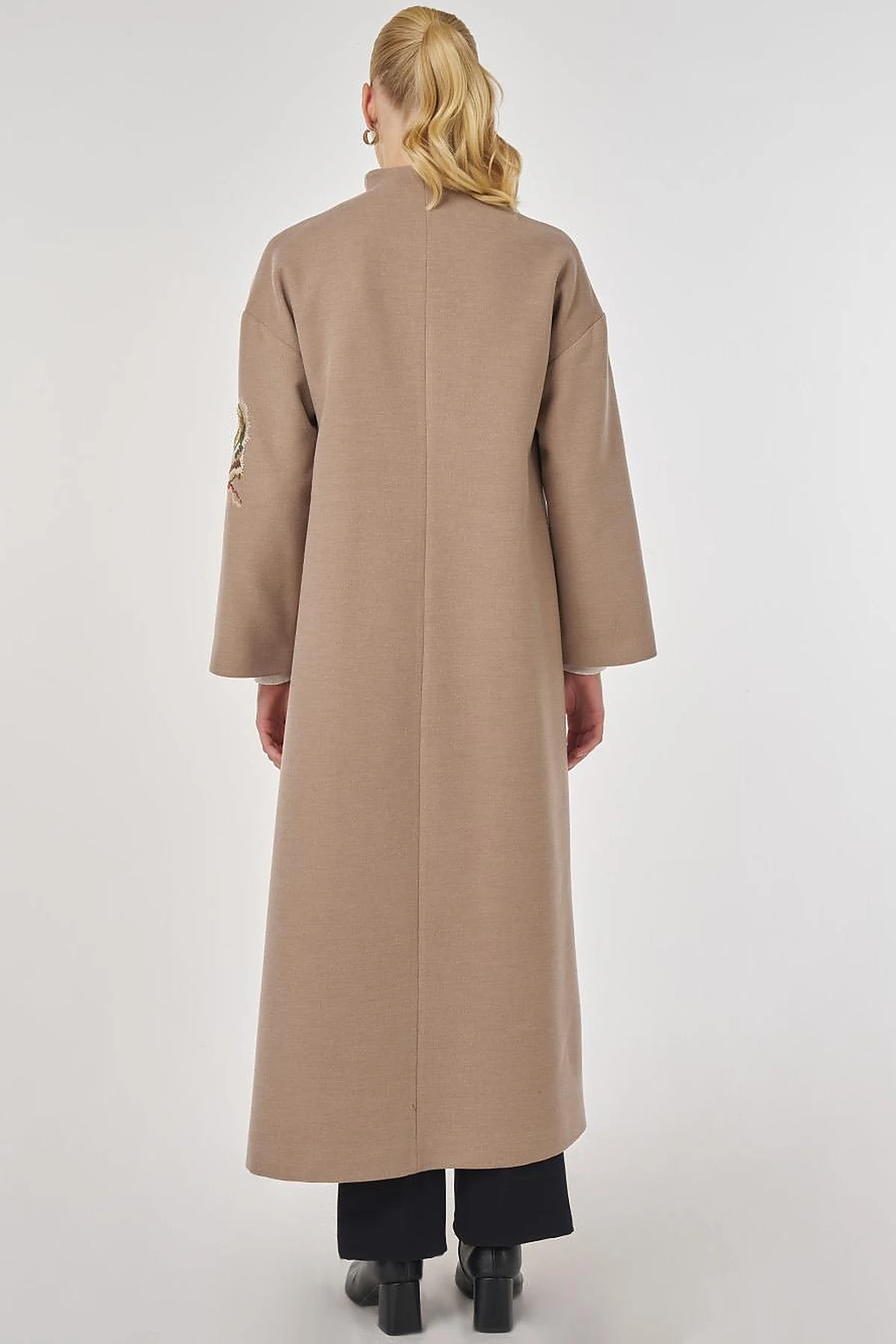 Embroidered Wool Coat in Mink
