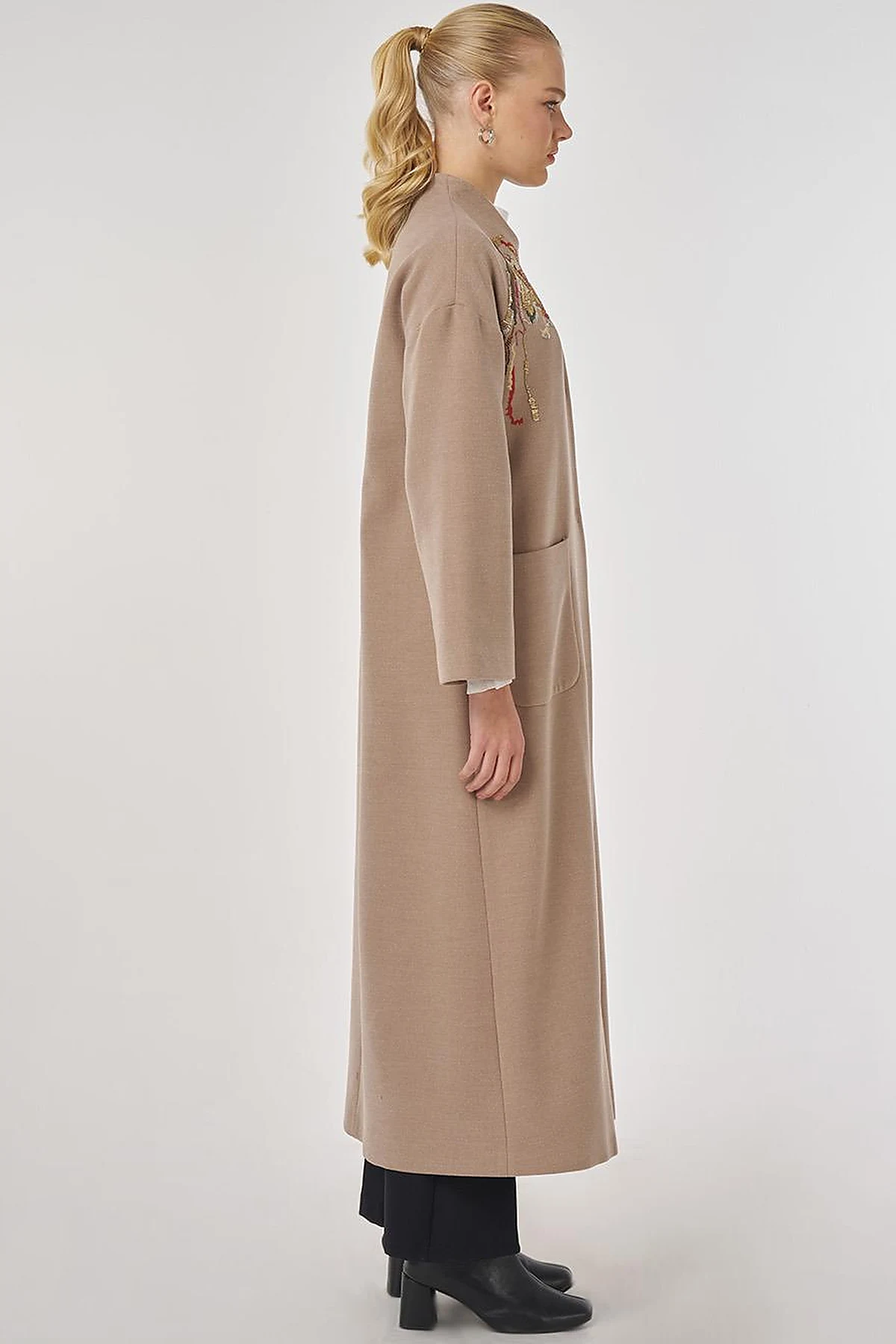 Embroidered Wool Coat in Mink