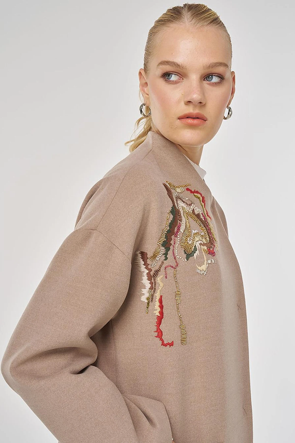 Embroidered Wool Coat in Mink
