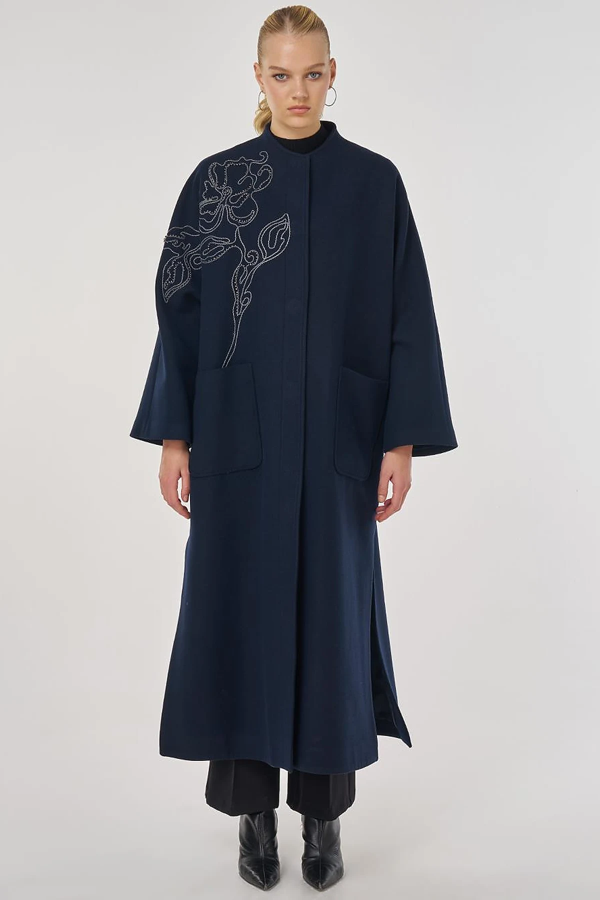 Embroidered Wool-Blend Coat in Dark Navy Blue