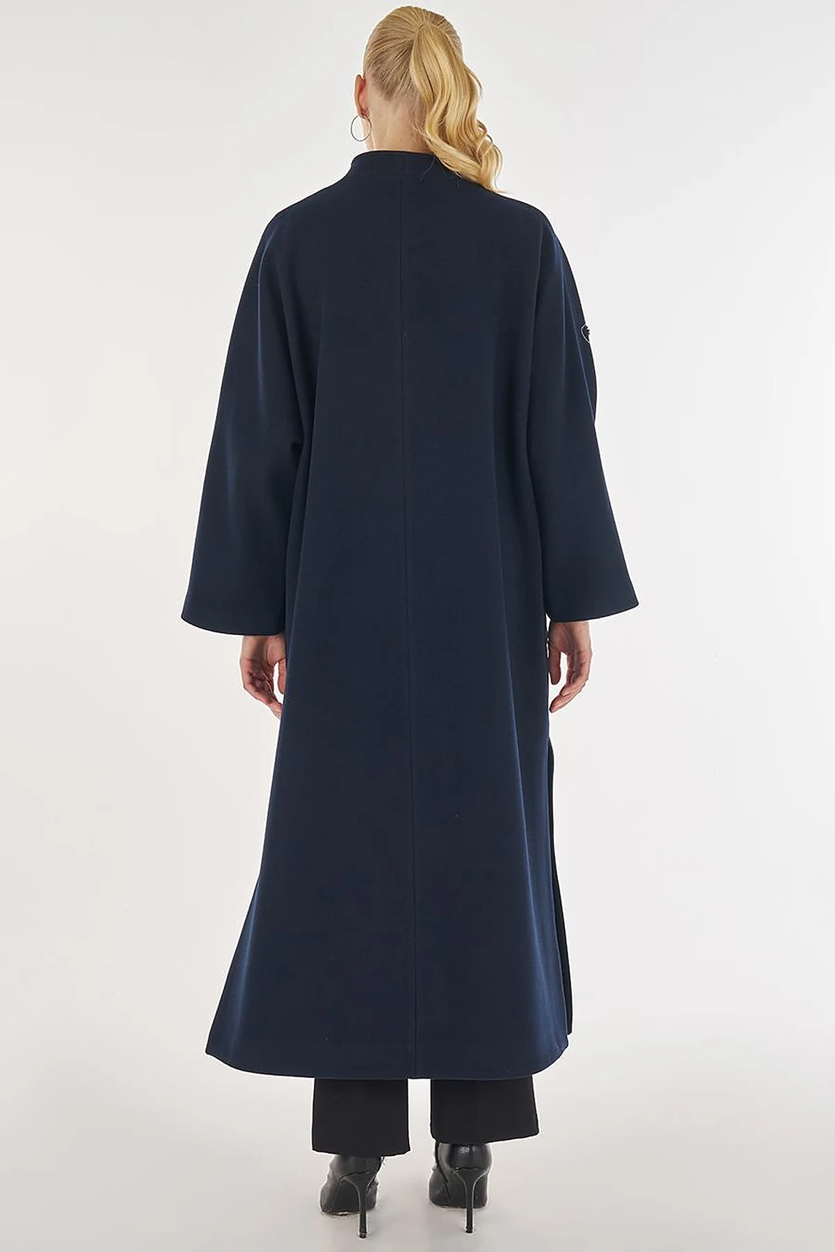 Embroidered Wool-Blend Coat in Dark Navy Blue