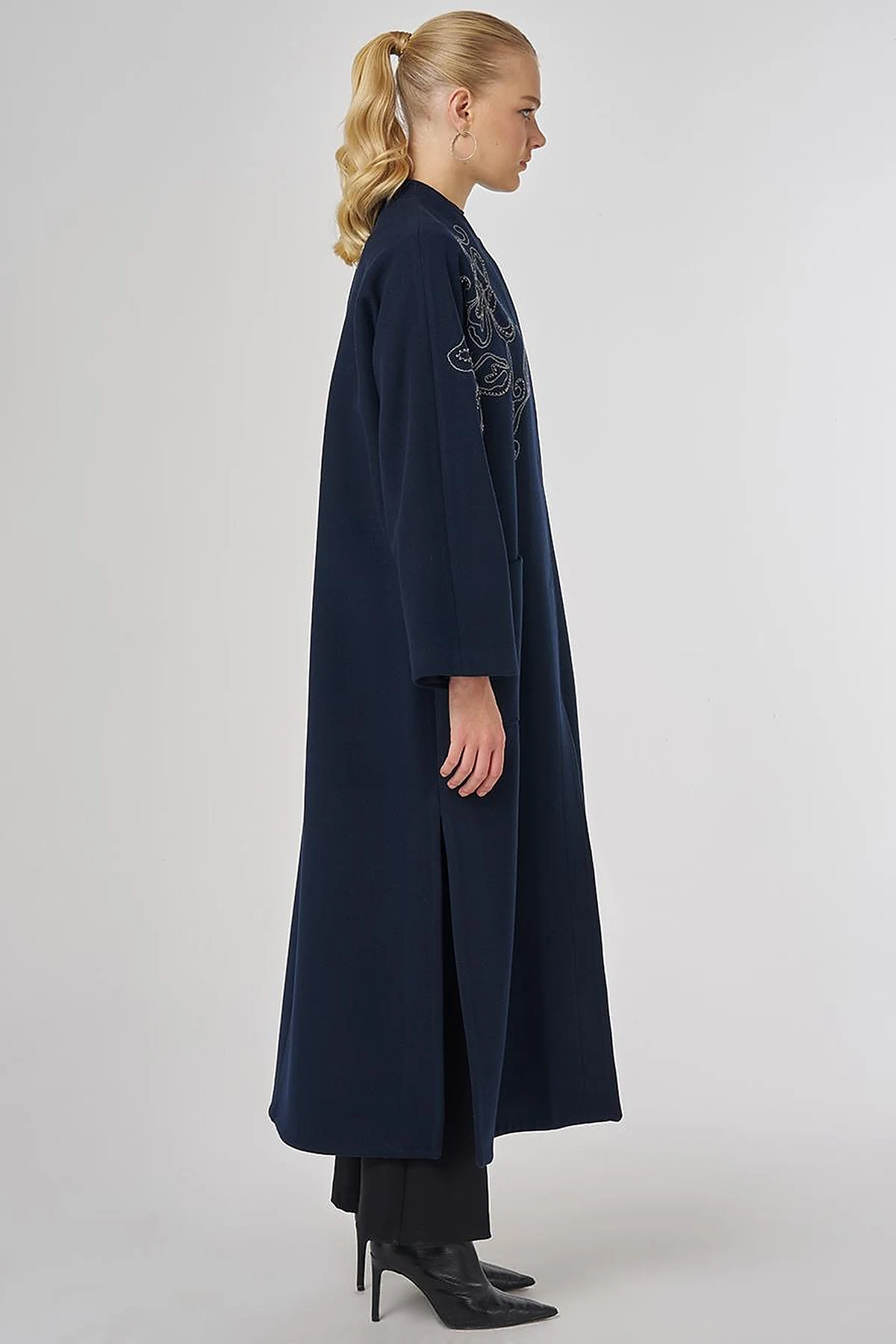 Embroidered Wool-Blend Coat in Dark Navy Blue