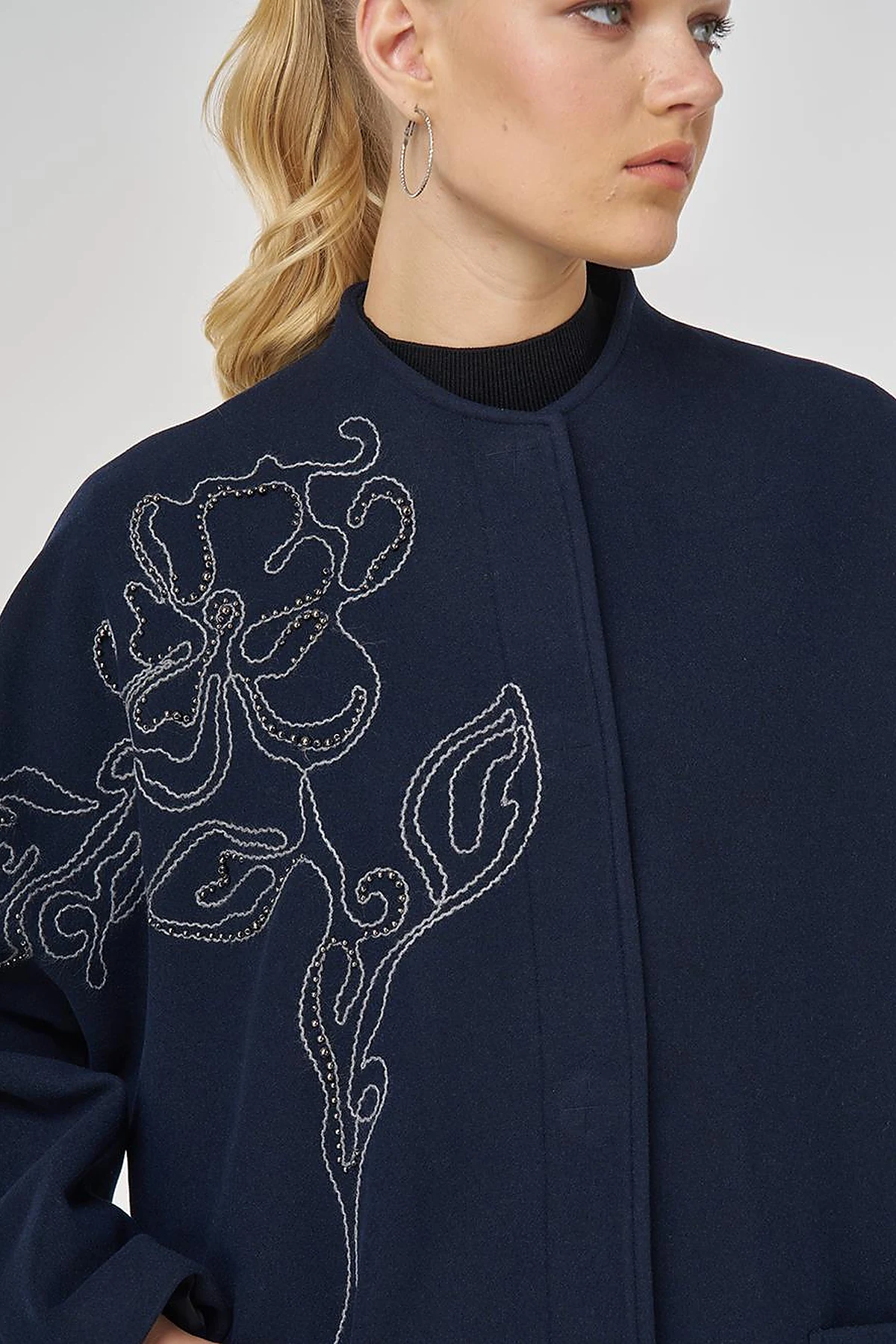 Embroidered Wool-Blend Coat in Dark Navy Blue