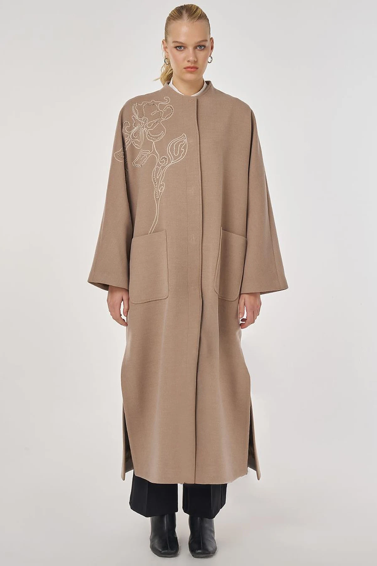 Embroidered Wool-Blend Coat in Mink