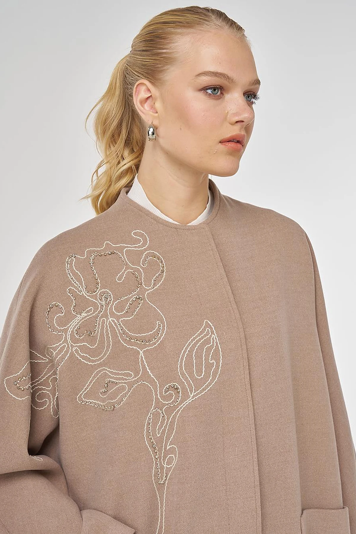 Embroidered Wool-Blend Coat in Mink