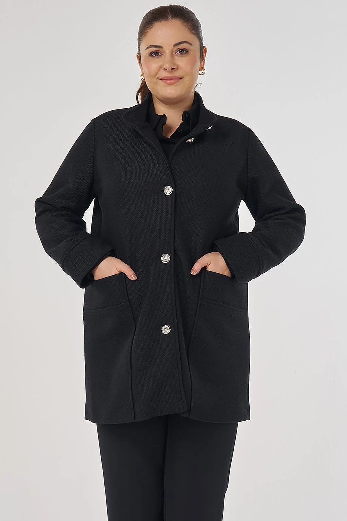 Shiny Button Felt Coat in Black