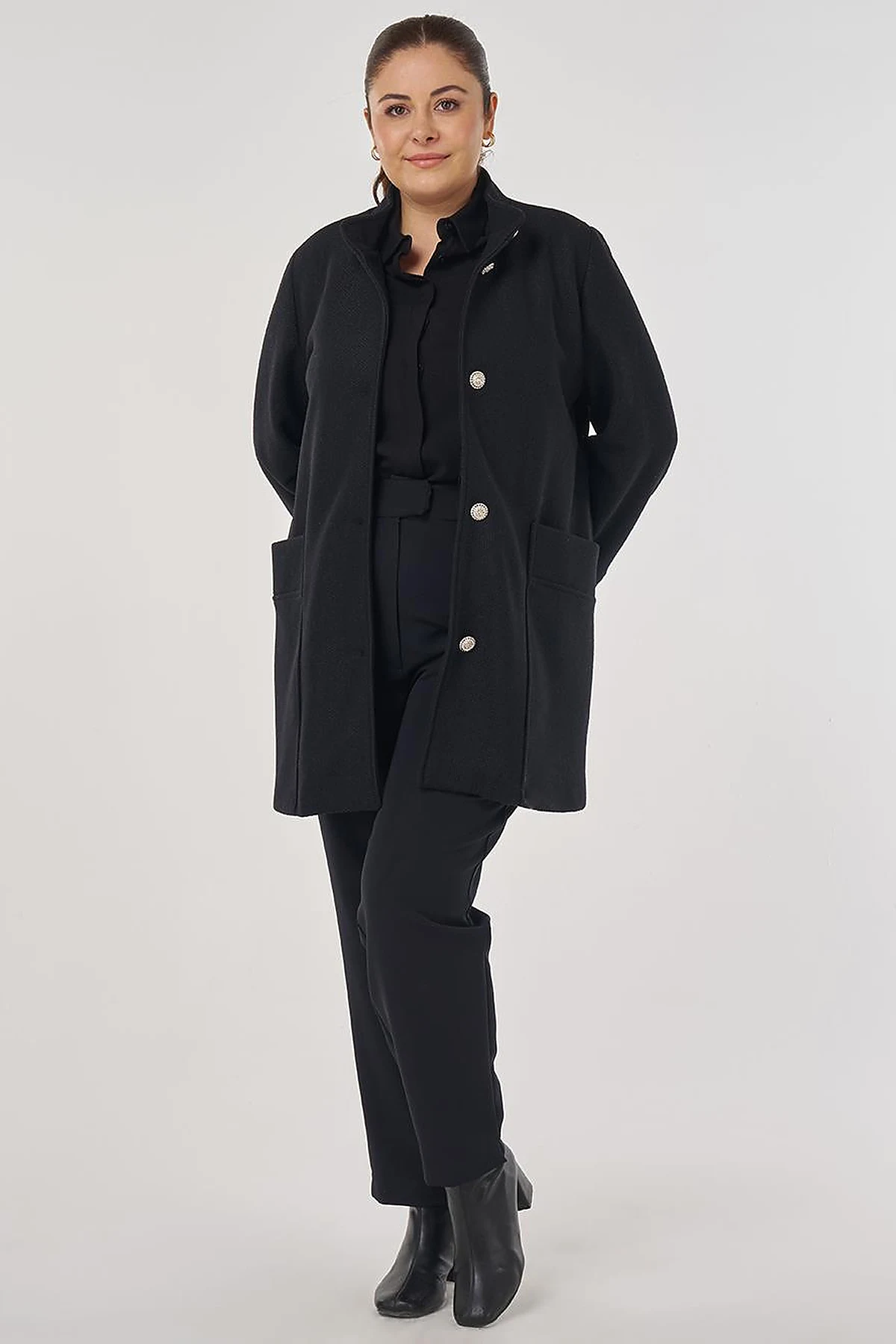 Shiny Button Felt Coat in Black