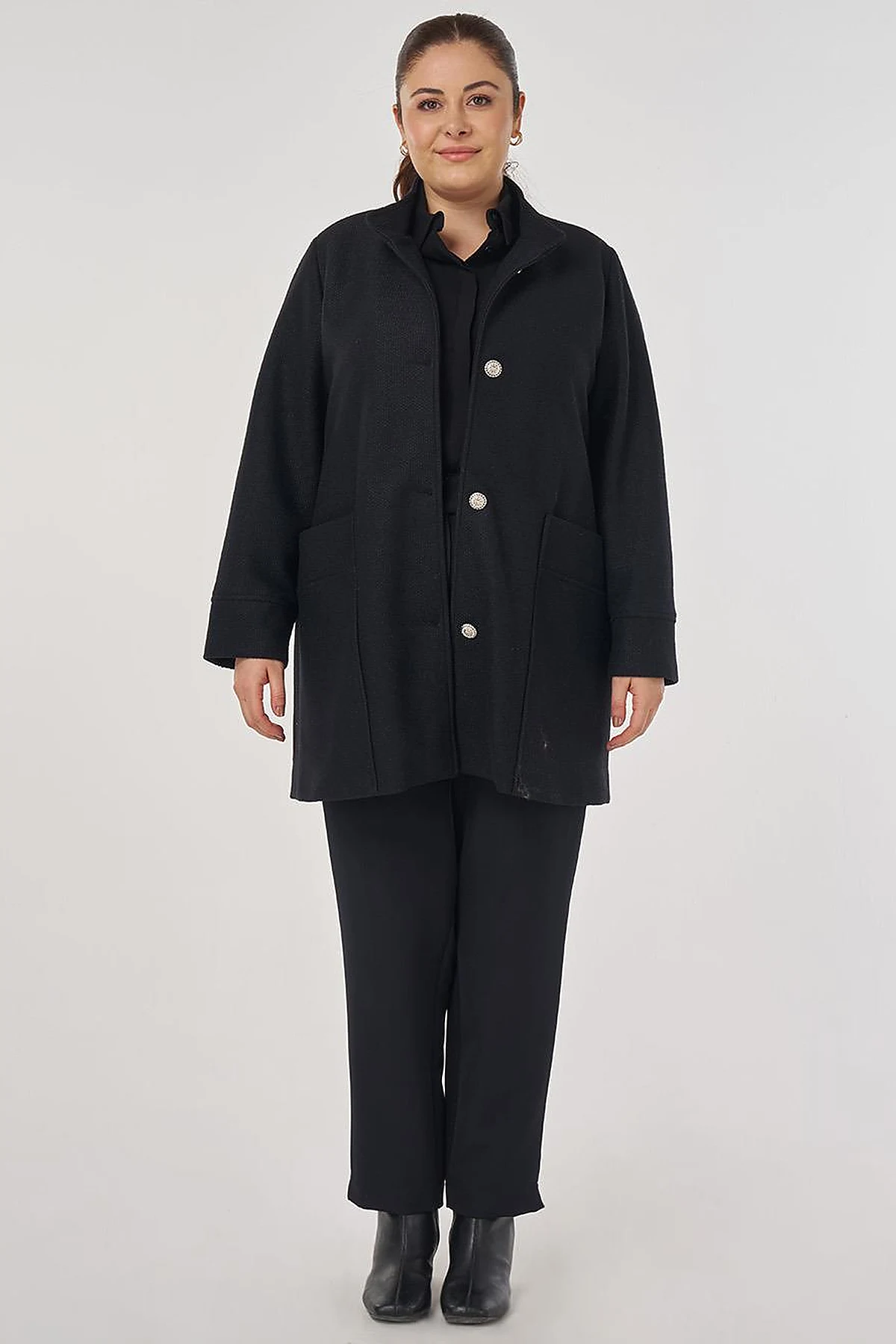 Shiny Button Felt Coat in Black