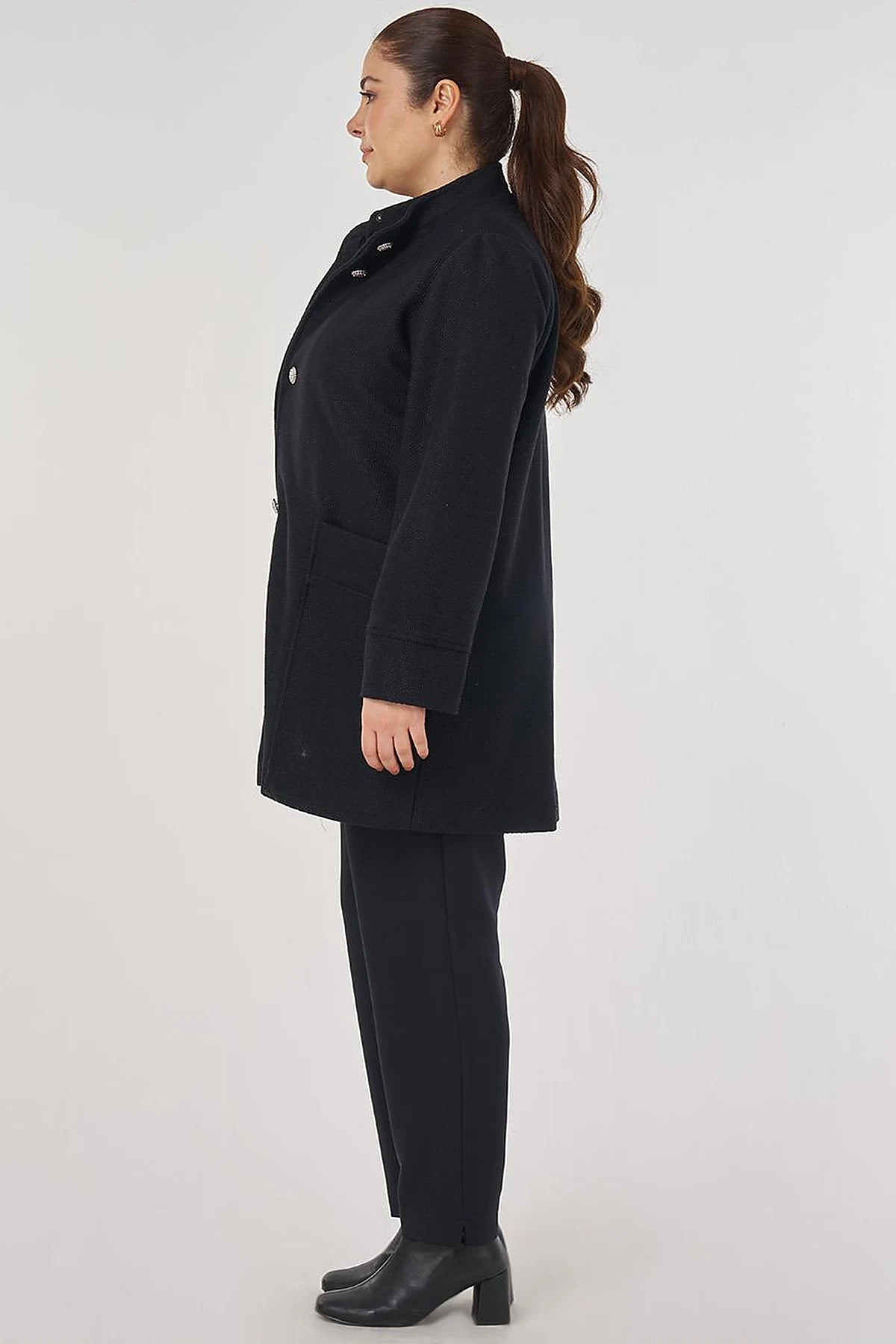 Shiny Button Felt Coat in Black