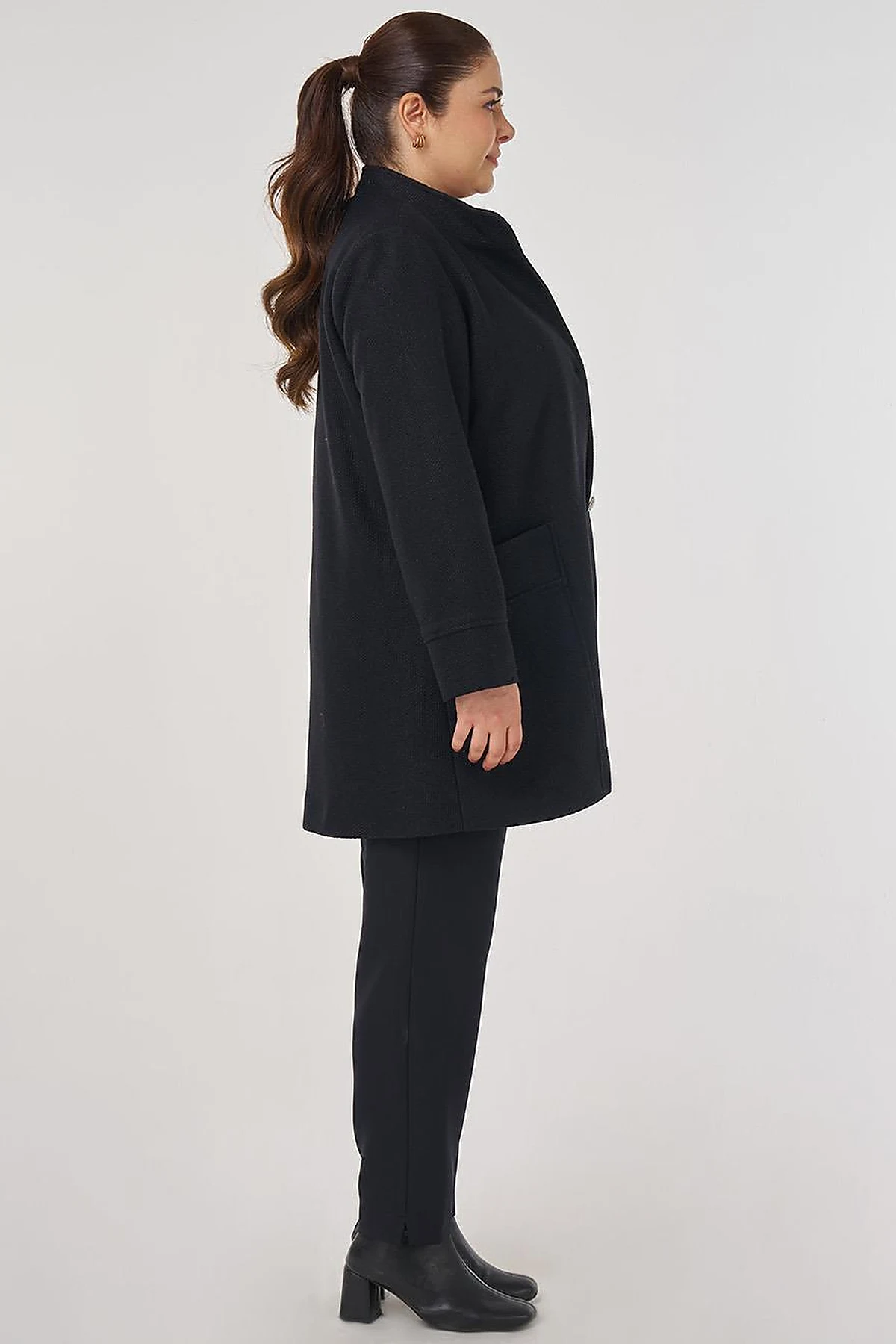 Shiny Button Felt Coat in Black