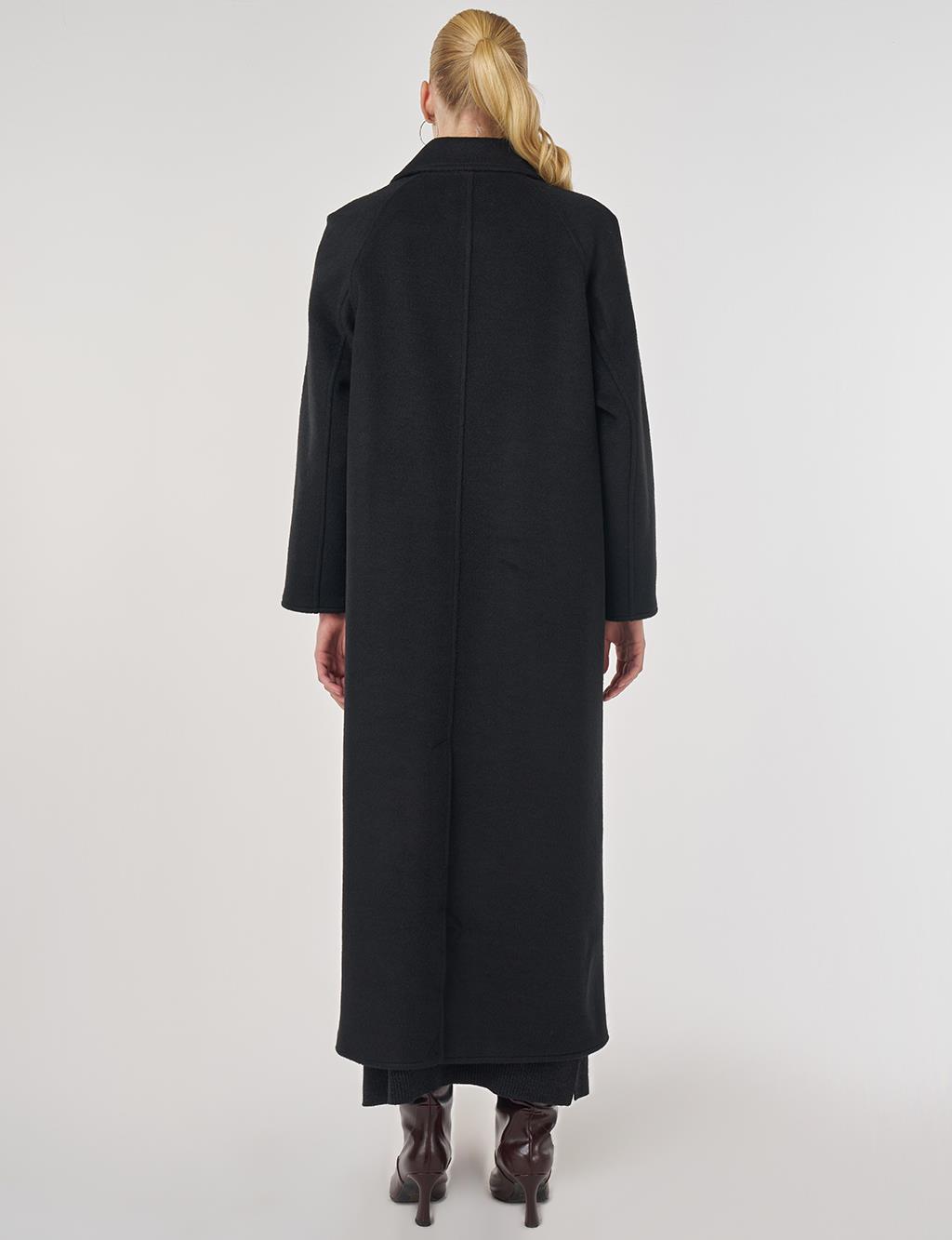 Düğmeli Kruvaze Kaşe Kaban Siyah 