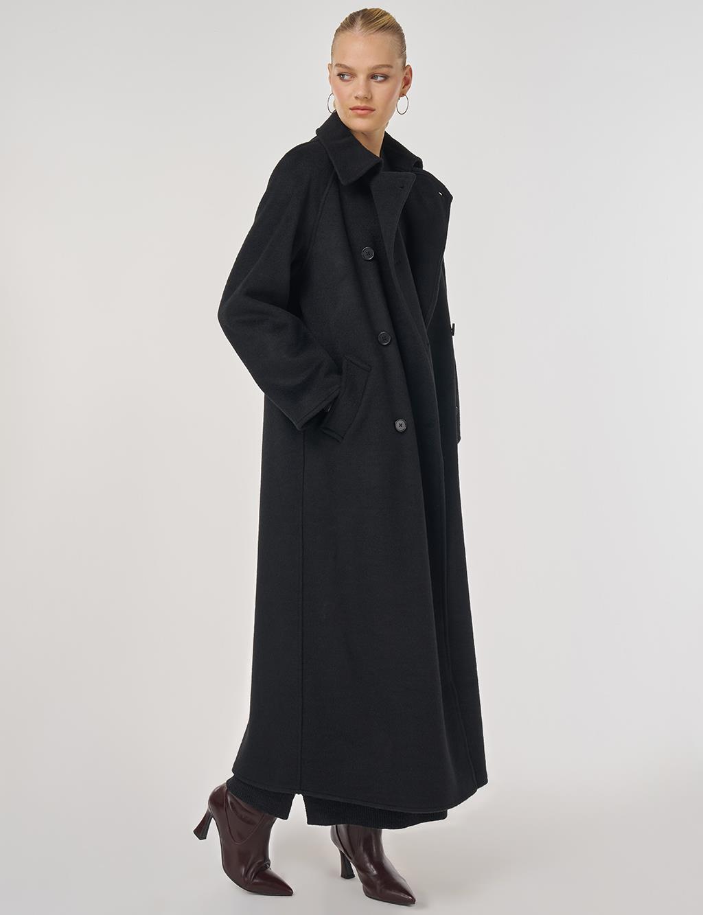 Düğmeli Kruvaze Kaşe Kaban Siyah 