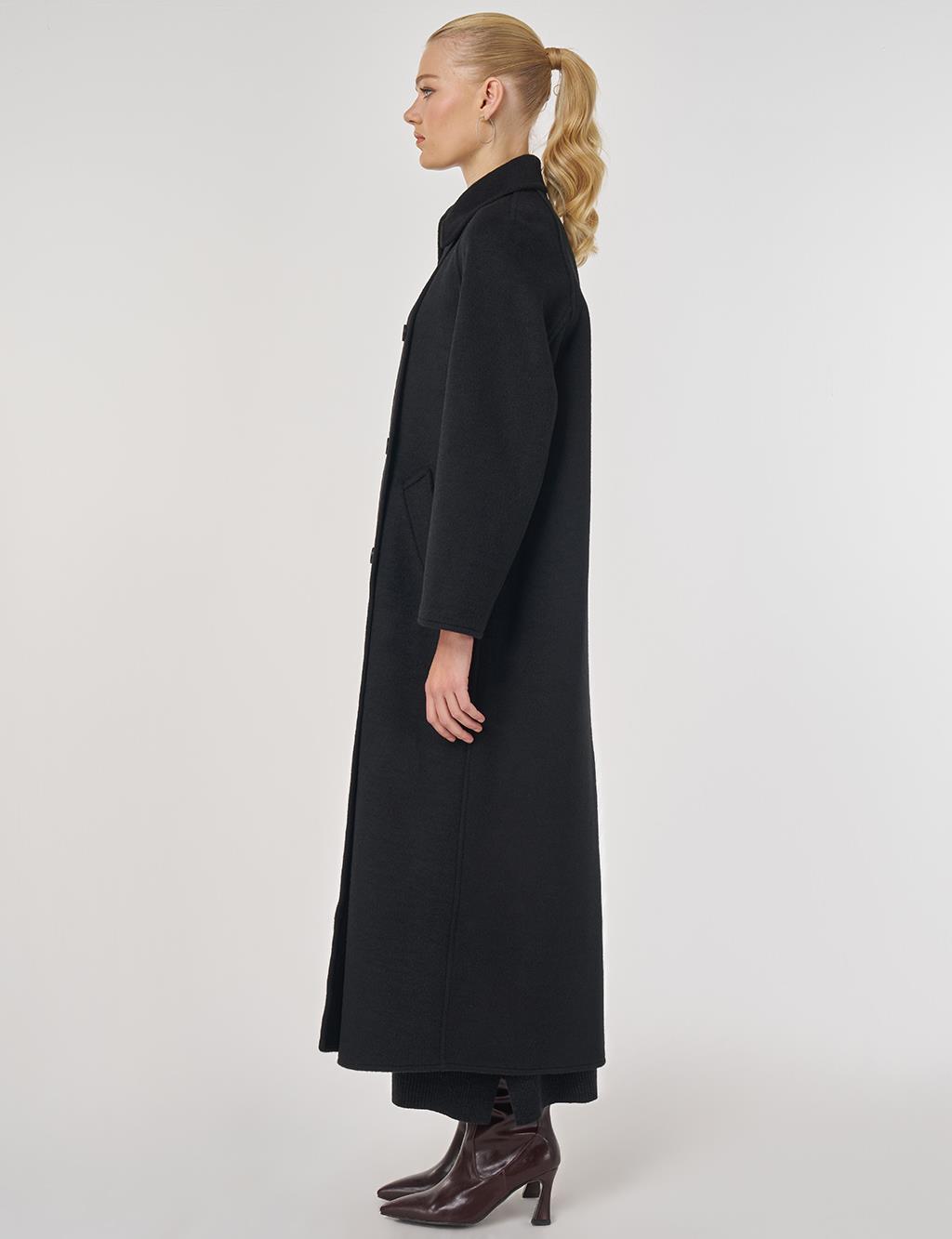 Düğmeli Kruvaze Kaşe Kaban Siyah 