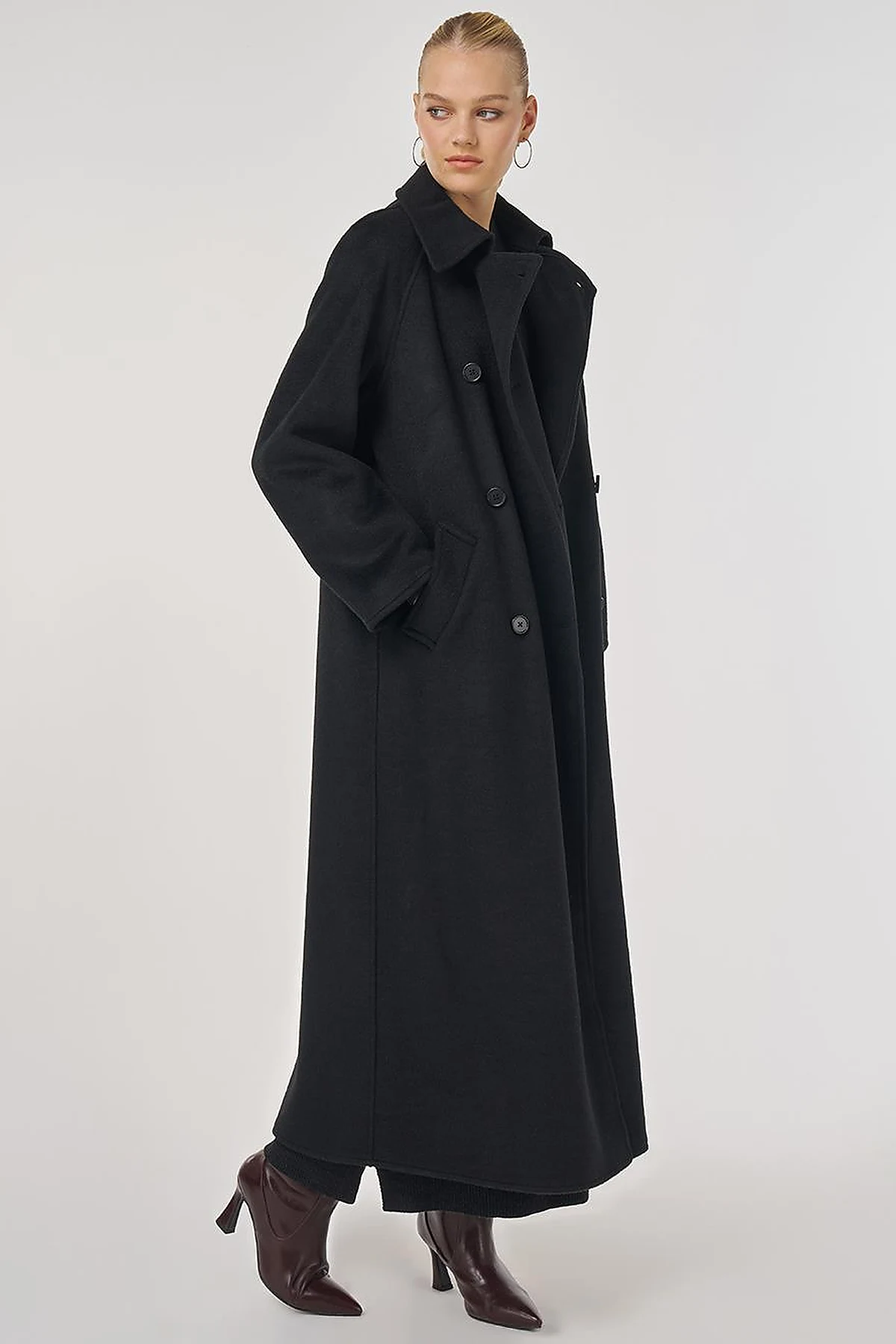 Double-Breasted Wool-Blend Coat in Black
