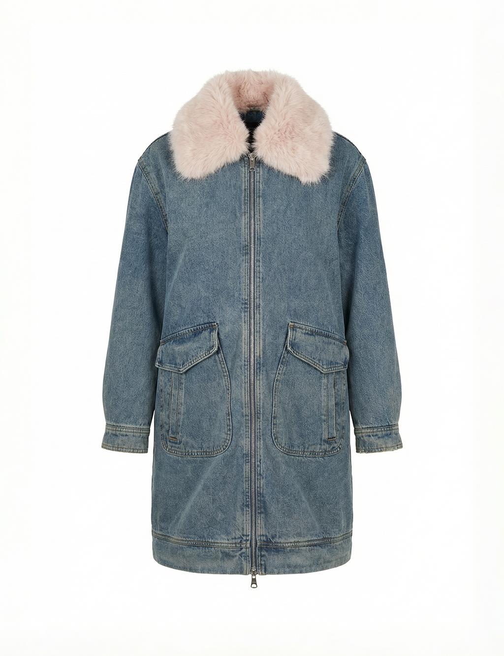 Faux Fur Collar Denim Jacket Light Blue