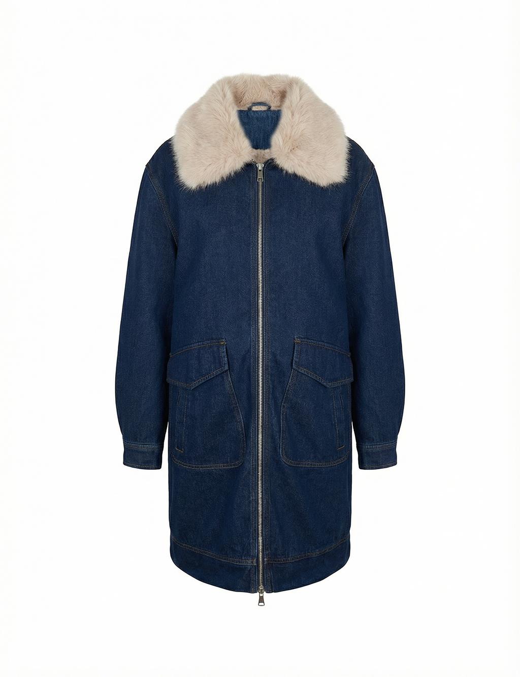 Kürk Yaka Denim Mont Koyu Lacivert 