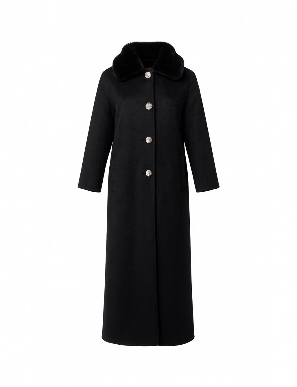 Kürk Yakalı Uzun Kaşe Kaban Siyah 