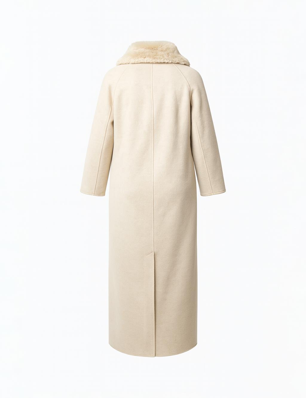 Long Wool Coat with Fur Collar Cream 