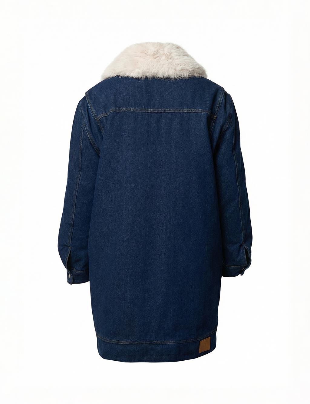 Kürk Yaka Denim Mont Koyu Lacivert 