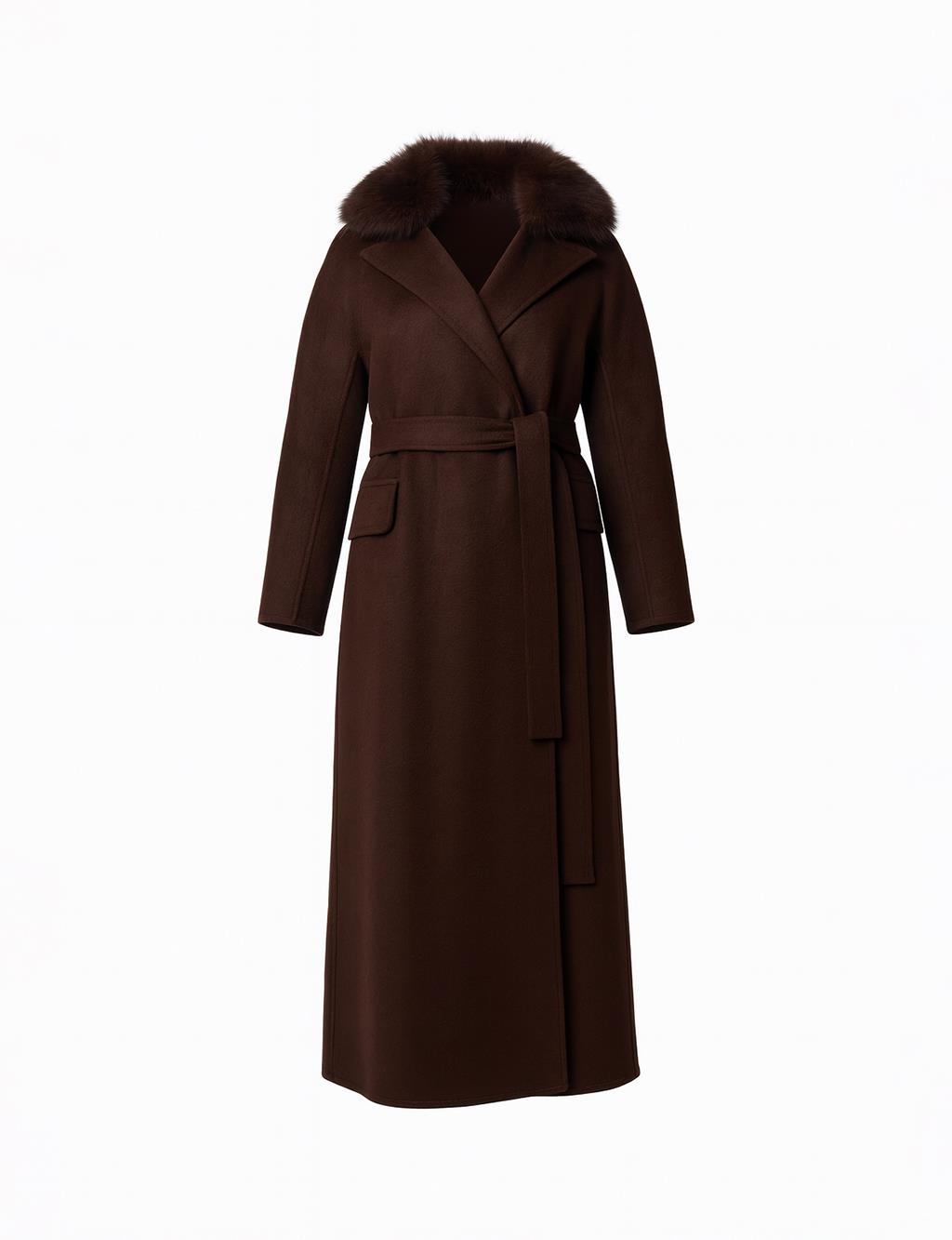 Detachable Faux Fur Collar Wool Coat in Dark Burgundy