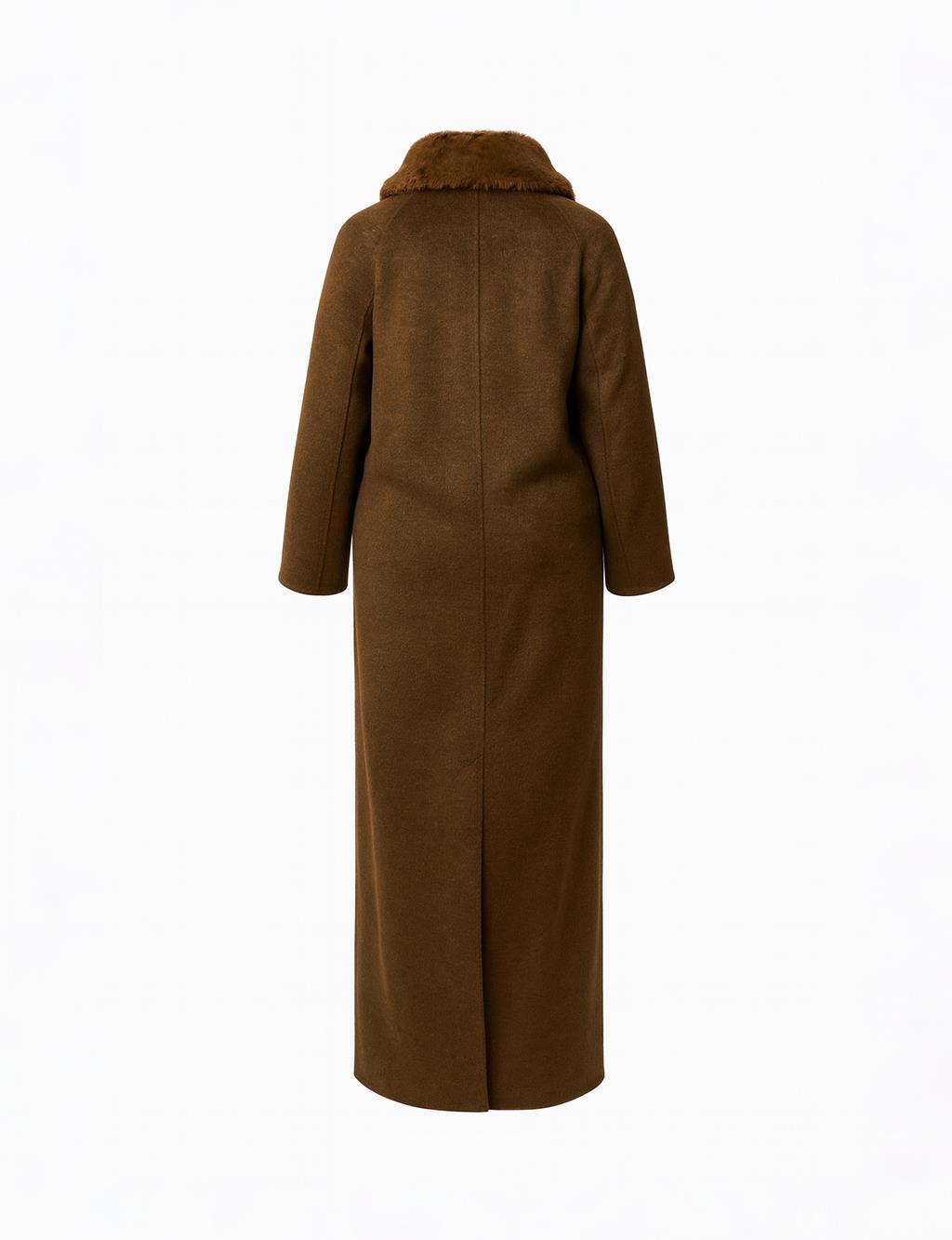 Long Wool Coat with Fur Collar Dark Brown